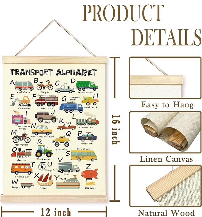 CGBHW Educational Transport Alphabet Numbers Poster Hanger Frame Set of 2 12x16, Vehicle Construction Learning Posters Wall Art Hanging Decor for Toddler Boy Kids Room Playroom Nursery