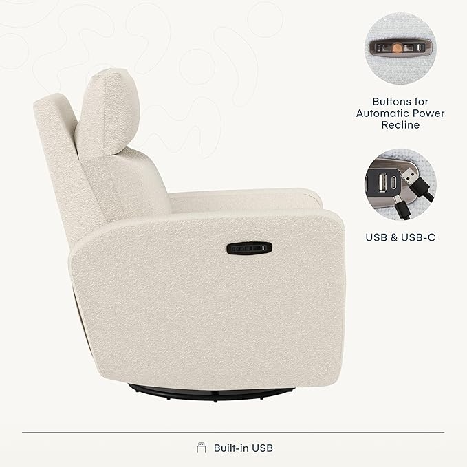 Nurture& The Glider Plus - Premium Nursery Power Recliner | Swivel Chair with Adjustable Head Support | Adjustable Lumbar Support Built in USB The Ultimate Comfort for Nursing, Relaxing (Boucle Creme)