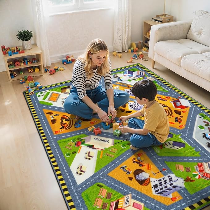 STARUIA Car Rug Play Mat, Non-Slip City Road Map Kids Rugs for Playroom Bedroom Boys Car Mat for Kid Toy Cars, Educational Baby Children Play Rug for Learn and Have Fun, 36"x59"