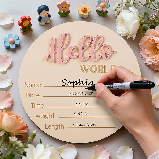 Baby Announcement Sign with Pen, 5.9 Inch Wooden Hello World Newborn Sign for Hospital, 3D Birth Announcement Board, Welcome Baby Name Signs for Nursery, Newborn Gift for Boy & Girl,Pink
