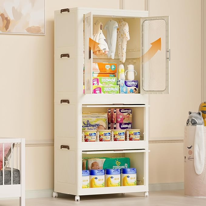 Portable Wardrobe Closet with Drawers, Magnetic Doors, 4 Cubes & Hanging Rod, 10 Hangers, Large Foldable Armoire for Clothes Storage, Wardrobe Storage Cabinet for Families, Baby, Easy Assembly