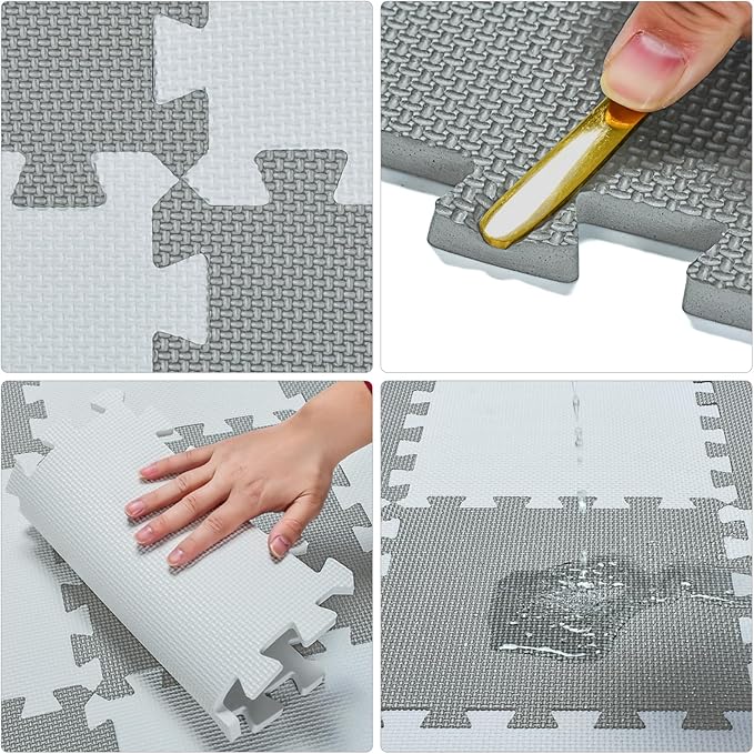 qqpp EVA Rubber 18 Tiles Interlocking Puzzle Foam Floor Mats - Baby Play Mat for Playing | Exercise Mat for Home Workout. Brown, Beige, Gray. QC-FJLb18N