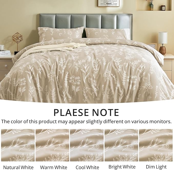 MUXHOMO Duvet Cover Full Size, Reversible Floral Beige Duvet Cover Set with Zipper Closure, 3 Pieces Botanical Patterns Soft Microfiber Bedding Set with 4 Ties (80"x90", 2 Pillow Cases)
