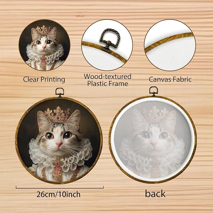 Hiuwevt Cat Renaissance Style Wall Art Decor, Cat Mom Lovers Gifts for Women Framed Canvas Prints, King Kitten Round Wall Hanging Decor for Home Bedroom Living Room Decorations, 10x10 Inches