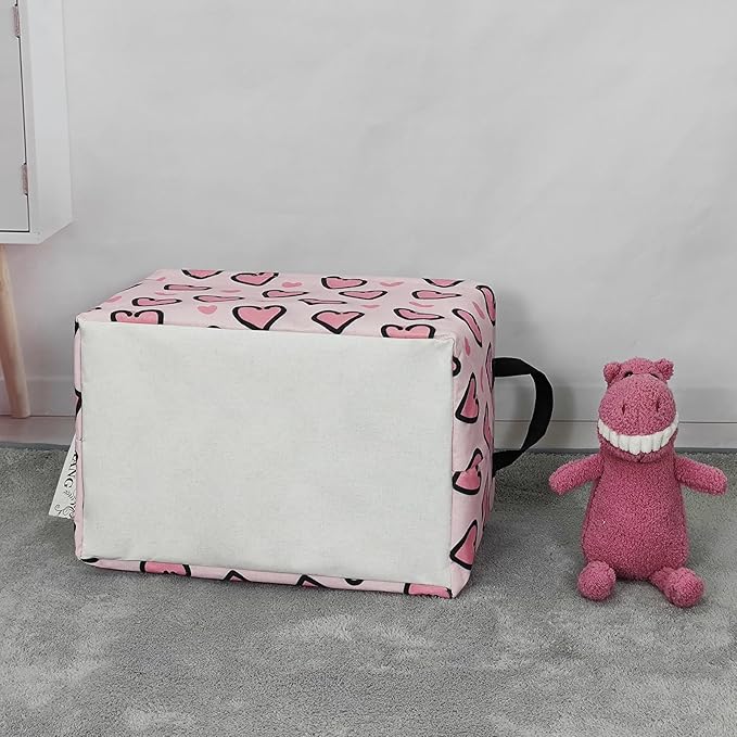 FANKANG Storage Bins, Nursery Hamper Canvas Laundry Basket Foldable with Waterproof PE Coating Large Storage Baskets for Kids Boys and Girls, Office, Bedroom, Clothes,Toys(Rec-Pink Love )