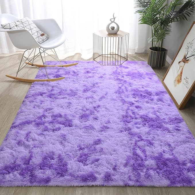 DweIke Fluffy Purple Shag Rugs for Bedroom Living Room, 8x10 Large Soft Plush Tie-Dyed Light Purple Girls Boys Kids Rug, Upgraded Non-Slip and Machine Washable Carpet for Dorm Nursery Classroom Decor