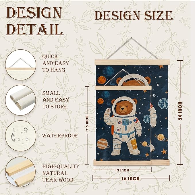 URLLUAE Astronaut Bear Space Wall Art Posters for Kids Room, Cute Outer Space Planet Poster Hanger Frame for Boys Bedroom Classroom Nursery Playroom Wall Decor, 12x16 Inch