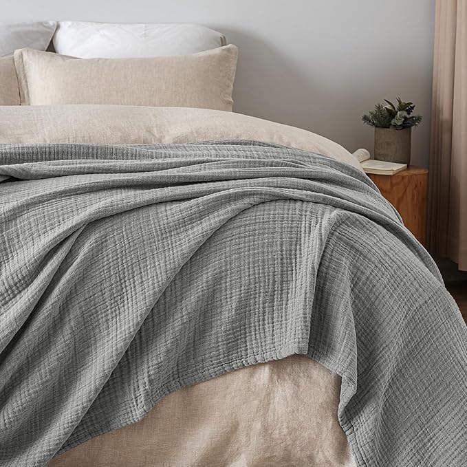PHF 100% Cotton Muslin Blanket King Size 108"x90", 4-Layer Lightweight Gauze Throw, Breathable Cloud-Soft Minimalist Blanket for Bed, Couch, Camping & Baby, Grey, Ideal Gift