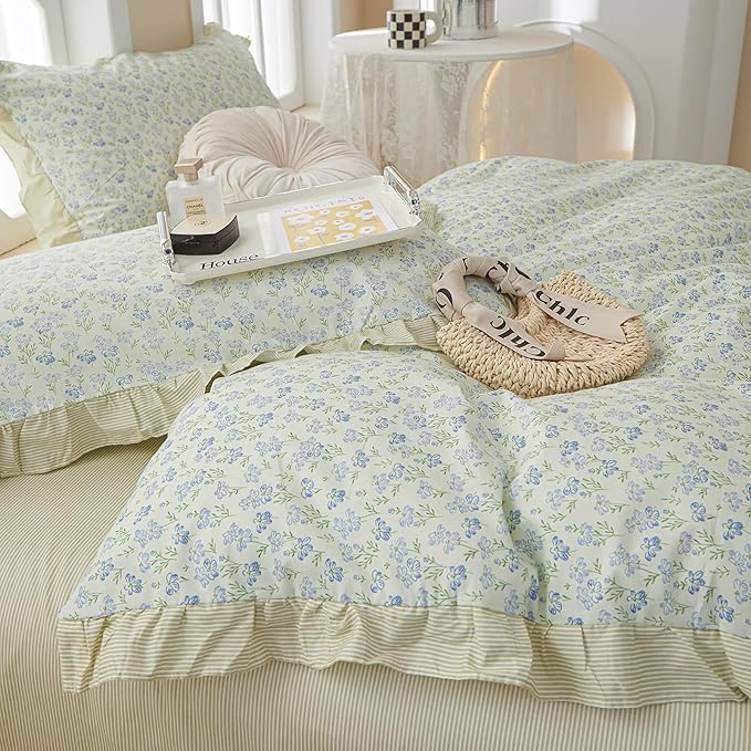 LifeTB Romantic Ruffle Duvet Cover Twin Garden Style Lace Duvet Cover Floral Pattern Blue Flower Comforter Cover Aesthetic Princess Lace Bedding Set 100% Cotton Floral Botanical Comforter Cover Twin