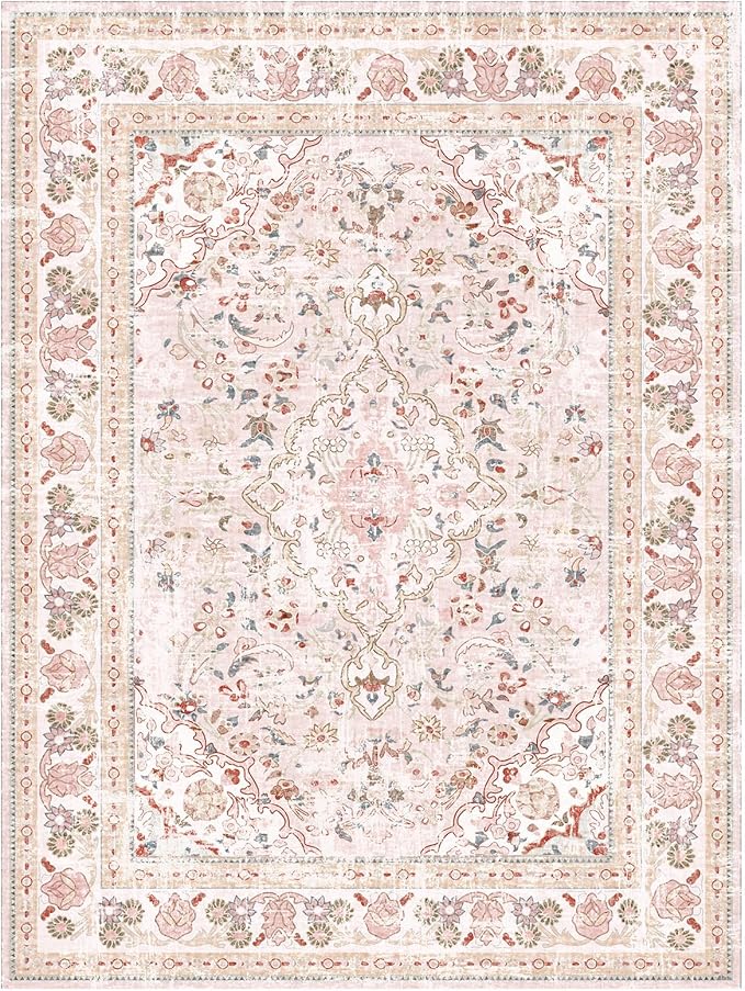 Vhong Pink Area Rugs Boho Washable Vintage Modern Neutral Large Carpet 8×10 Rugs for Dinning Room Living Room Bedroom Girls' Room Nursery Room Non Slip