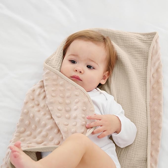 Susurration Baby Blanket for Unisex Boys Girls, Soft Nursery Minky Blanket with Muslin Cotton Front and Dotted Fleece Back, Receiving Blanket for Baby Newborn Infant, 30x40inch (Cream)