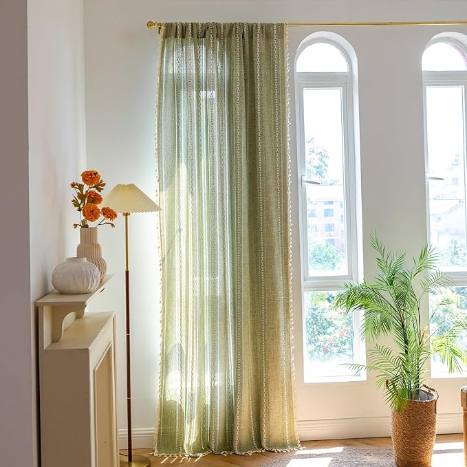 Deeprove Green Boho Linen Curtains 72 inches Length for Bedroom Living Room Dining Nursery Closet, Hollow Sage Semi Sheer Curtains Darkening Embroidery Drape Window Treatment, 1 Panel W52 x L72