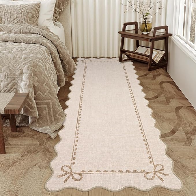 GarveeHome Scalloped Bow Rug for Living Room, Solid Beige Rug for Dorm, Washable Runner Rugs 2x6 Soft Low Pile Non Slip Scalloped Rugs for Nursery Bedroom Decor Hallway Entryway Playroom