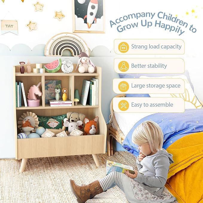 Curipeer Kids Bookshelf and Toy Storage, 3-Tier Wooden Bookcase, Baby Book and Toy Storage Display Organizer with Spacious Top Shelf for Children, Friends, Family, Natural Wood Color