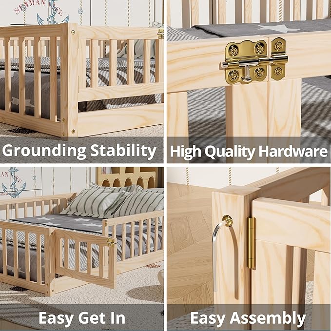 i-POOK Queen Floor Bed for Children, Sturdy Wood Montessori Bed Frame with Wood Slats, High Fence & Small Door, Montessori Floor Bed for Girls and Boys, Natural