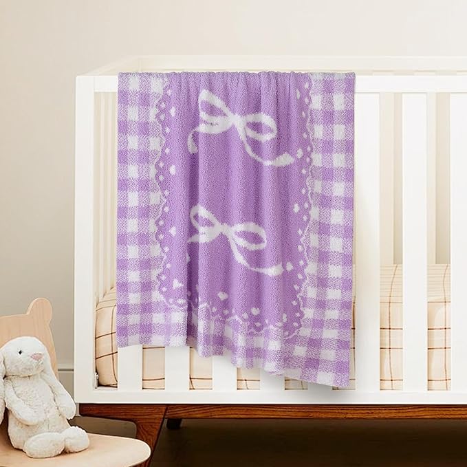 Purple Bow Baby Blanket – Knitted Throw with Elegant Bow Accent for Baby Girls, Nursery Bedding & Shower Presents – Soft & Cozy, 30x40 Inch