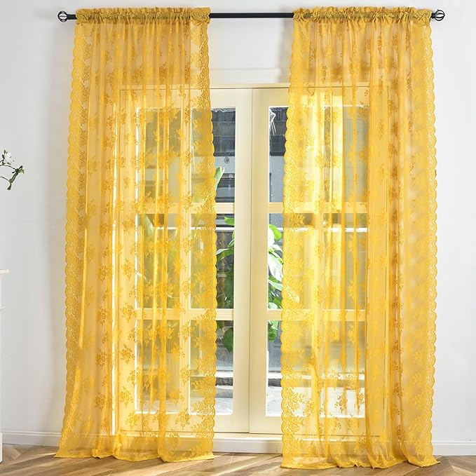 Kotile Gold Sheer Curtains 54 Inch Length 2 Panels, Country Vintage Floral Retro Mustard Yellow Lace Curtains for Bedroom, Rod Pocket Light Filtering Privacy Boho Window Curtain Panels, 52 x 54 Inch