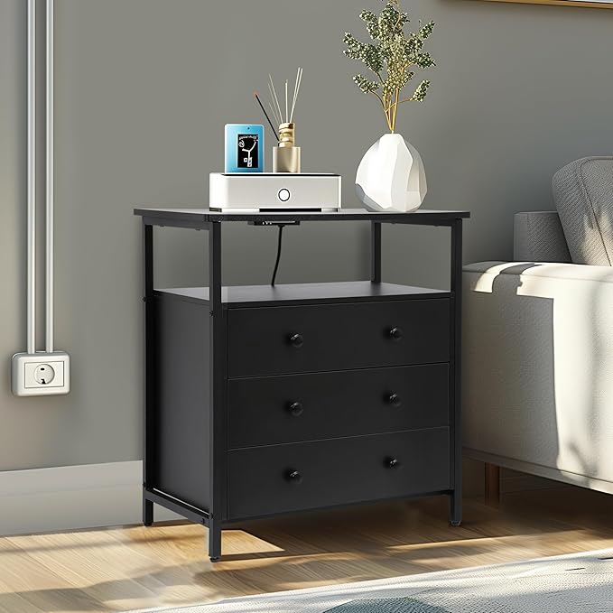 3 Wooden Drawers Nightstand, 27 Inch Wide Night Stand Set 2 with Charging Station and Adjustable Drawers, Small Dresser for Closet, Bedside Table for Living Room/Bedroom/Office, Black.