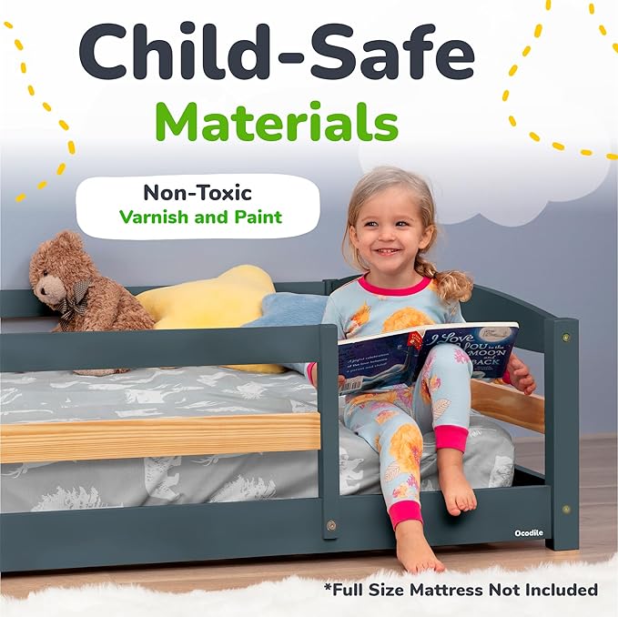 Ocodile Full Size Montessori Floor Bed for Kids - Strong Slatted Bed Frame with Full Rails - Ideal for Little Girls and Boys - Gray