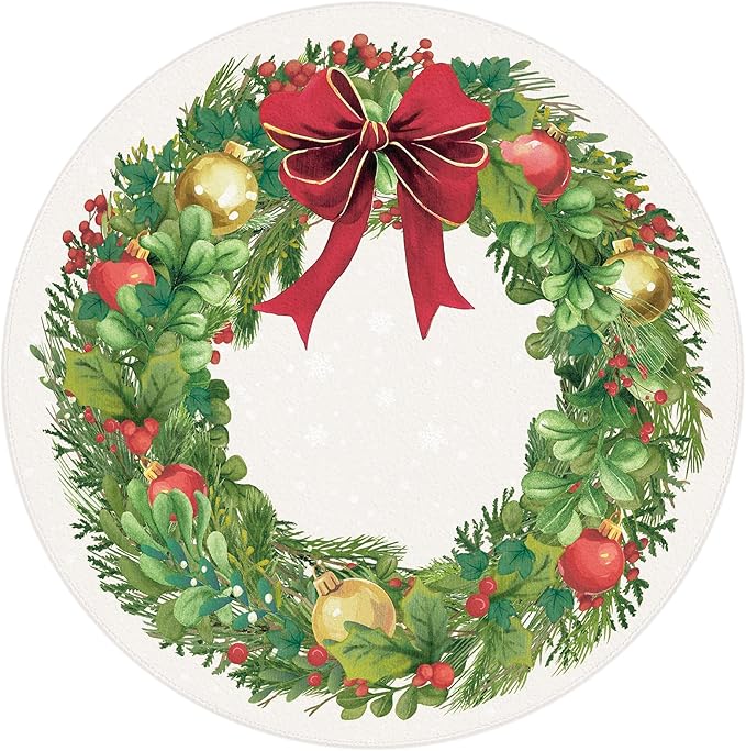 4' Machine Washable Christmas Round Area Rug, Non-Slip Vintage Floral Circle Floor Rugs for Kids, Low Pile Room Carpet for Living Room, Bedroom, Dining Room & Nursery(4' Christmas Wreath)
