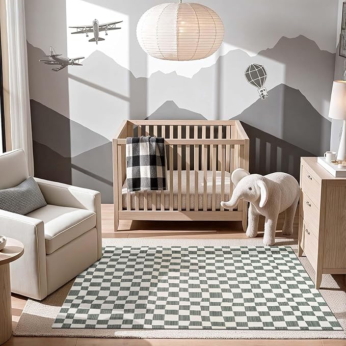 jinchan 4x6 Checkered Area Rugs for Kids Room - Machine Washable Soft Rug Modern Geometric Lattice Non-Slip Carpet for Nursery Playroom Bedroom Entryway Living Room Dining Room Home Office Grey