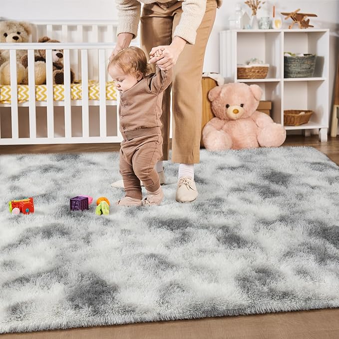 Merelax 4x6 Fluffy Soft Rugs for Bedroom Livingroom, Tie-Dyed White Grey Shaggy Area Rug, Abstract Bedside Rug Fuzzy Plush Carpet Comfy Nursery Rug for Kids Bedroom Dorm Indoor Home Decor Aesthetic