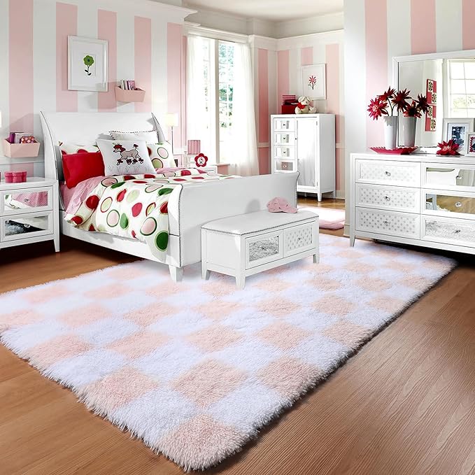 KICMOR 5x7 Area Rugs for Living Room, Fluffy Soft Light Pink and White Checkered Rug Fuzzy Shag Shaggy Carpet for Bedroom, Cute Furry Plush Rug for Teen Kids Girls Dorm Nursery Playroom Home Decor