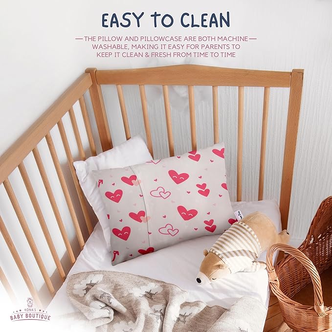 Pink Hearts - Kona's Perfect Toddler Pillow with Softest Toddler Pillowcase - 13 x 18 inch Toddler Pillow - Toddler Pillow 2 Year Old, Toddler Pillow 3 Year Old