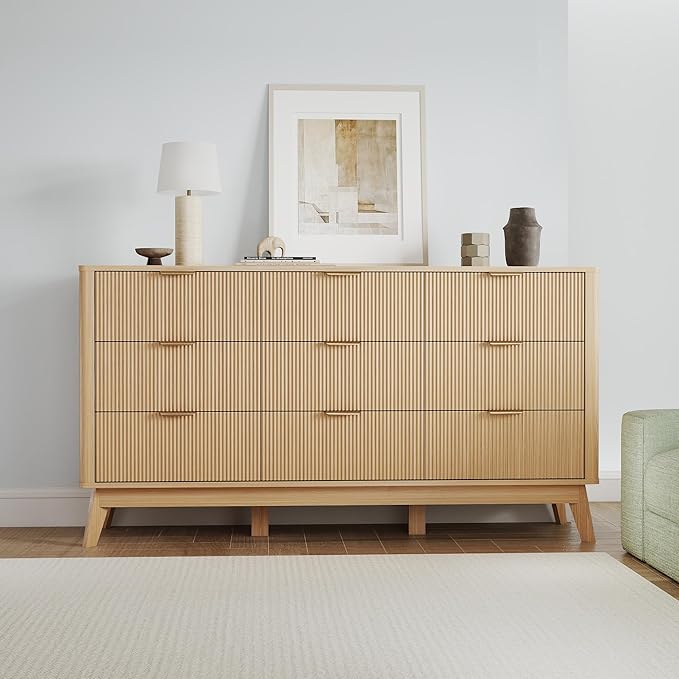 SUNWAVE 9 Drawer Dresser for Bedroom, 59.1" Large Fluted Dresser with Round Corner, Modern Dressers Wood Chest of Drawer for Living Room