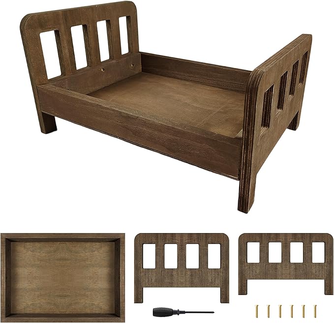 M&G House Brown Newborn Photography Props Wooden Bed Vintage Baby Photo Prop Baby Photoshoot Props Doll Bed Accessories Pretend Play Photoshoot Props