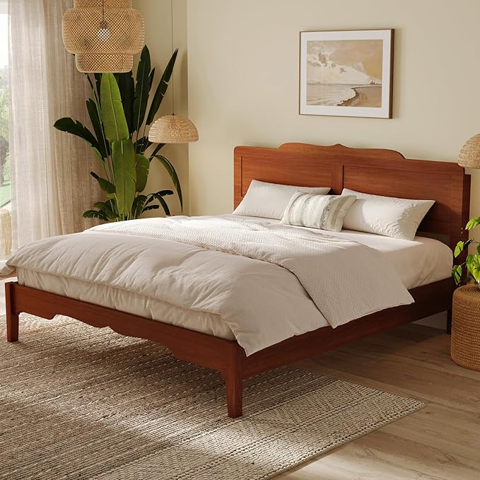 King Bed Frame and Headboard, Wooden Platform Bed with Wood Slats Support, Modern Bed Frame with Storage&Charging Station, No Box Spring Needed, Easy Assembly, Noise Free, Brown