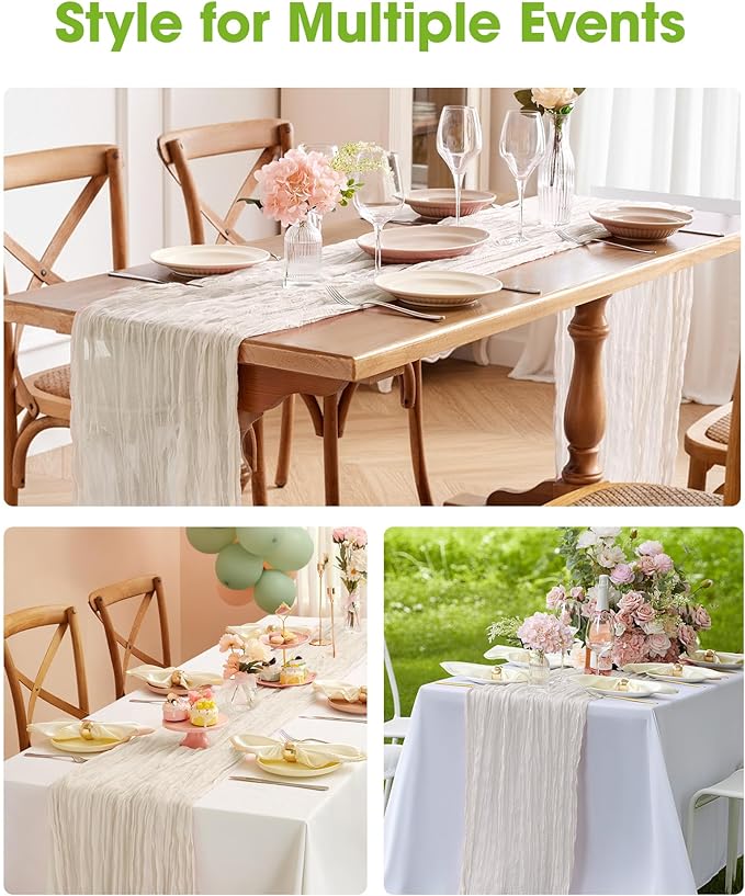 Pureegg 3-Pack Cheese Cloths Table Runner, 120'' Boho Table Cloth Decorations for Party, Baby Shower, Wedding and Farmhouse, Fabric Room Decor, Ivory