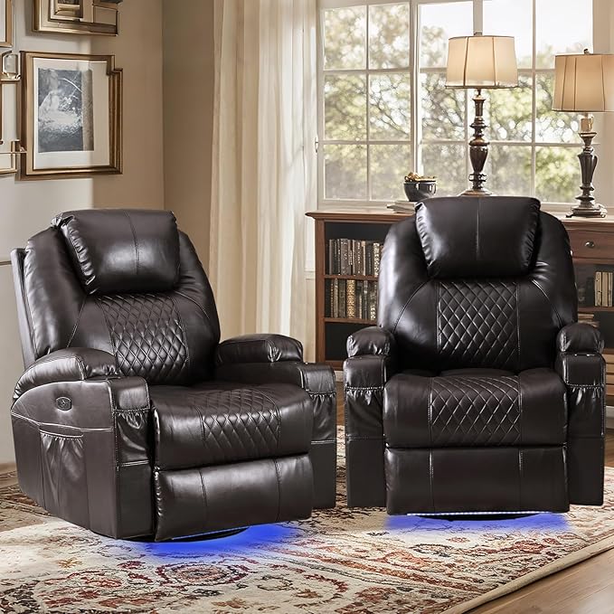 Power Swivel Rocker Recliner Chair with Massage and Heat/LED Lights/USB and Type-C Ports/Infinite Position/Cup Holder, Electric Glider Reclining Sofa for Nursery Living Room(2, Brown)