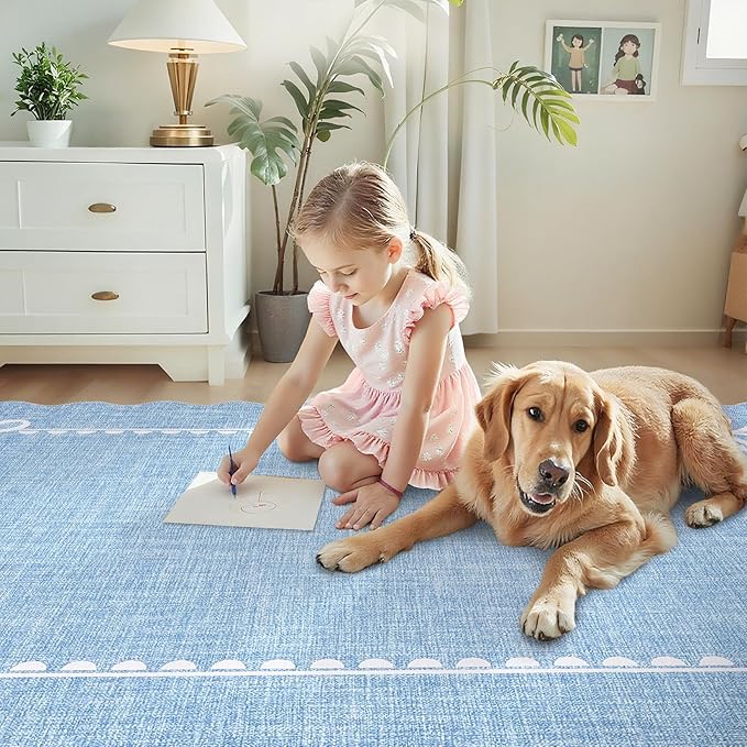 GarveeHome Scalloped Bow Rug for Living Room, Solid Blue Rug for Dorm, Washable Rugs 5x7 Soft Low Pile Non Slip Scalloped Rugs for Nursery College Bedroom Decor Kids Room Playroom