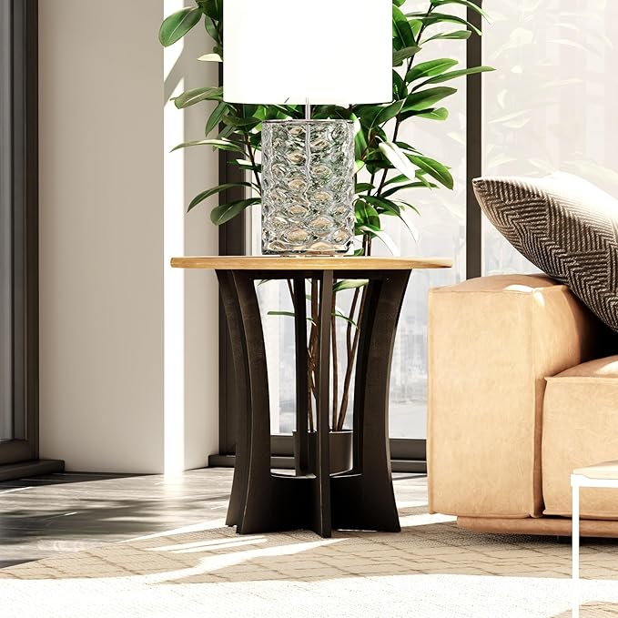 COZAYH Farmhouse Round End Table X 2P with Criss-Cross Wood Legs, Rustic French Country Side Table for Dinning or Living Room, Modern, Black, Natural Wood