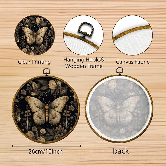 Hiuwevt Dark Floral Butterfly Round Wall Art Decor, Elegant Gold Flower Butterfly Hanging Canvas Prints Artwork Framed, Rustic Cottagecore Moth Circular Wall Decor for Home Bedroom, 10x10 Inch