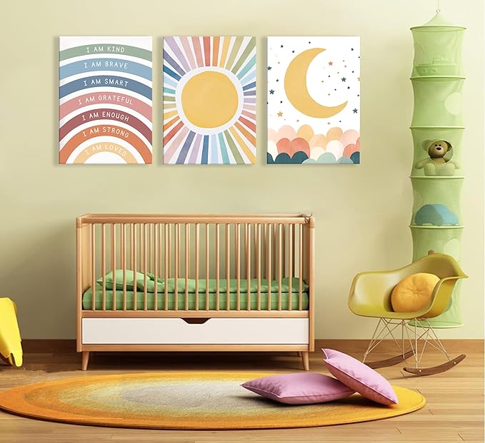 KBIERQN 3Pcs Boho Sun moon Canvas Wall Art Nursery Positive Affirmations Rainbow Poster Prints Bohemian Star Heart Picture for Toddler Baby Girls Room Playroom Bedroom Wall Decor 16x24in Framed