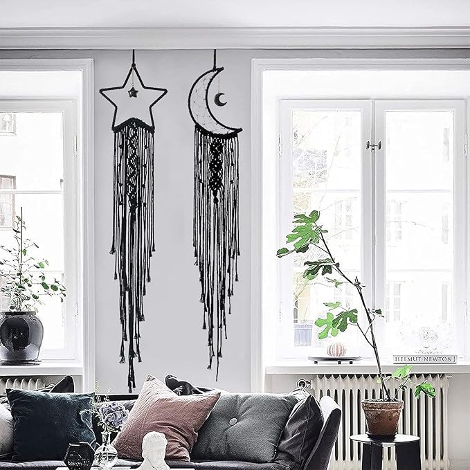 Tarklanda Moon Star Dream Catcher Decor,2pcs Boho Home Moon Star Black Dreamcatcher, Bohemian Wall Hanging Dream Catcher Decor for Home Bedroom Craft Decoration
