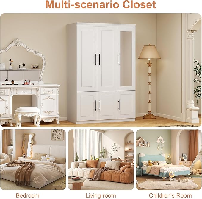 3 Door Armoire Wardrobe Closet with Mirror: White Wood Wardrobe Closet Cabinet Wooden Bedroom Armoire with Hanging Rods for Home/Bedroom/Living Room