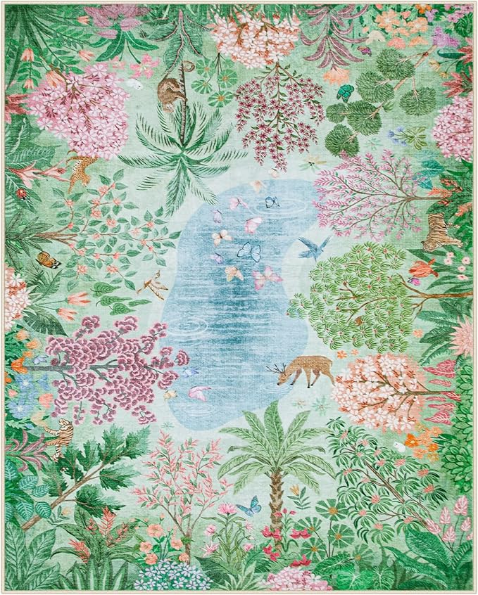 Lahome Spring Jungle Carpet, Green Bedroom Rug 8x10 Under Bed, Large Washable Rugs 8x10 for Living Room, Spring Botanical Non Slip Non Shedding Kids Playroom Floor Carpet for Office Dining Room Decor