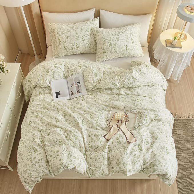 HighBuy 3 Pieces Duvet Cover King Size White Duvet Cover with Green Floral Print,Coquette Soft Cotton Comforter Cover Boho Style,Aesthetic King Bedding Set with Zipper Closure 4 Ties