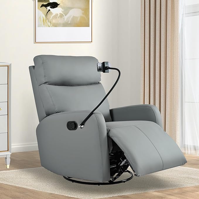 Swivel Rocker Recliner Chair for Nursery, Upholstered 360° Leather-air Glider Rocking Chair with Phone Holder, Manual Small Recliners for Small Spaces Living Room