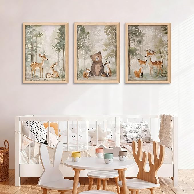Framed Woodland Wall Art Set of 3, Wild Animals Nursery Wall Decor, Cute Bear Fox Deer Watercolor Canvas, Forest Animal Pictures Print for Baby Room Decor Home Decoration – 16x24 inch