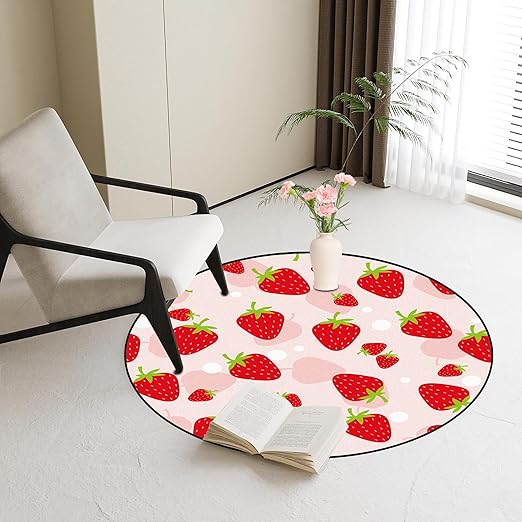 3Ft Round Strawberry Rug Kwaii Pink Circle Rugs for Bedroom Dorm Living Room Cute Area Rug Floor Mat Pad Doormat Carpet, 3'X3'(90x90cm)