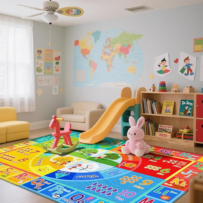 Kids Rug for Classroom & Playroom - ABC Alphabet Educational Area Rug with Animals Numbers & Colors - Non-Slip Carpet Playmat for Nursery Preschool Elementary 4x6 Feet