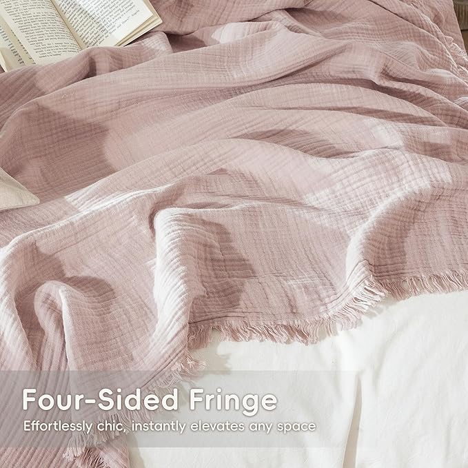 MooMee Muslin Blanket - 100% Cotton 4-Layer Gauze Throw Blanket with All-Around Fringe Ultra-Soft Breathable Lightweight Cooling for Bed Couch (Greyish Pink,Twin XL 66" x 90")