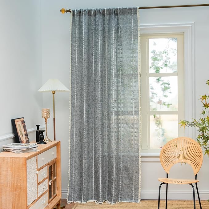 Deeprove Charcoal Grey Boho Curtain 72 inches Length for Living Room Bedroom Nursery, Bohemian 72 inches Long, Geometric Stripe Embroidery Privacy Window Tassel Decorative W52 x L72, 1 Panel