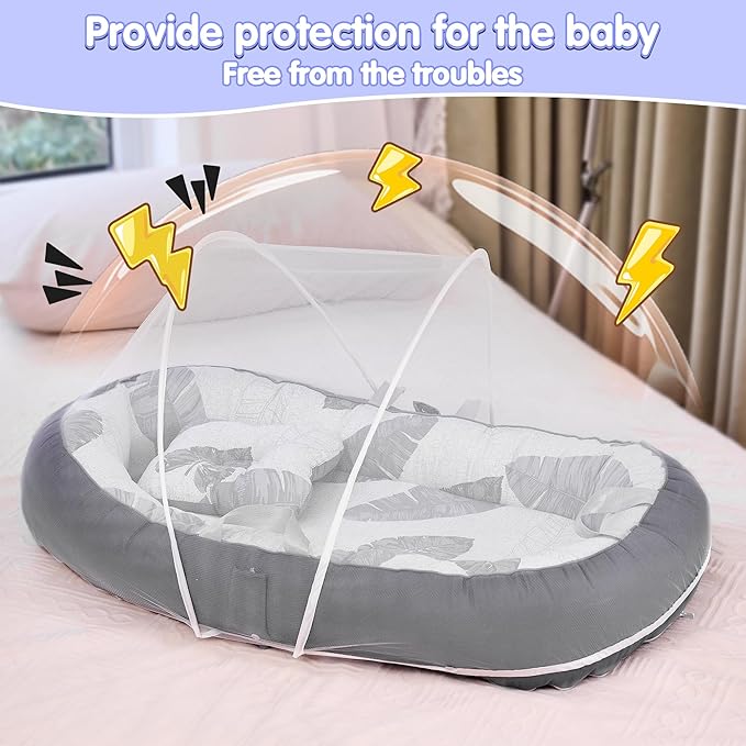 Portable Baby Lounger with 4 Toys,Infant Lounger with Fitness Rack, Breathable & Soft Cotton Newborn Lounger Machine-Washable