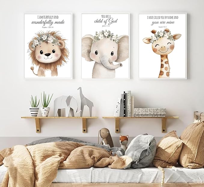 3 Pcs Nursery Bible Verse Animal Wall Art Cute Funny Safari Animals Christian Painting Picture Wall Decor Giraffe Elephant Lion Poster Print Artwork for Boys and Girls Home Decoration Unframed