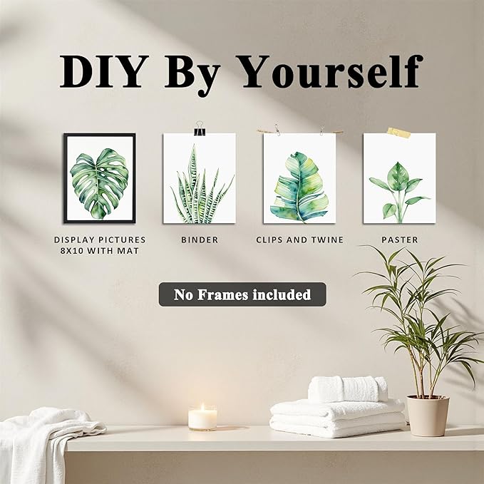 OFJE Botanical Green Leaf Wall Art Prints Set of 4, Tropical Plant Watercolor Poster for Bathroom Bedroom Living Room Decor, Unframed 8x10